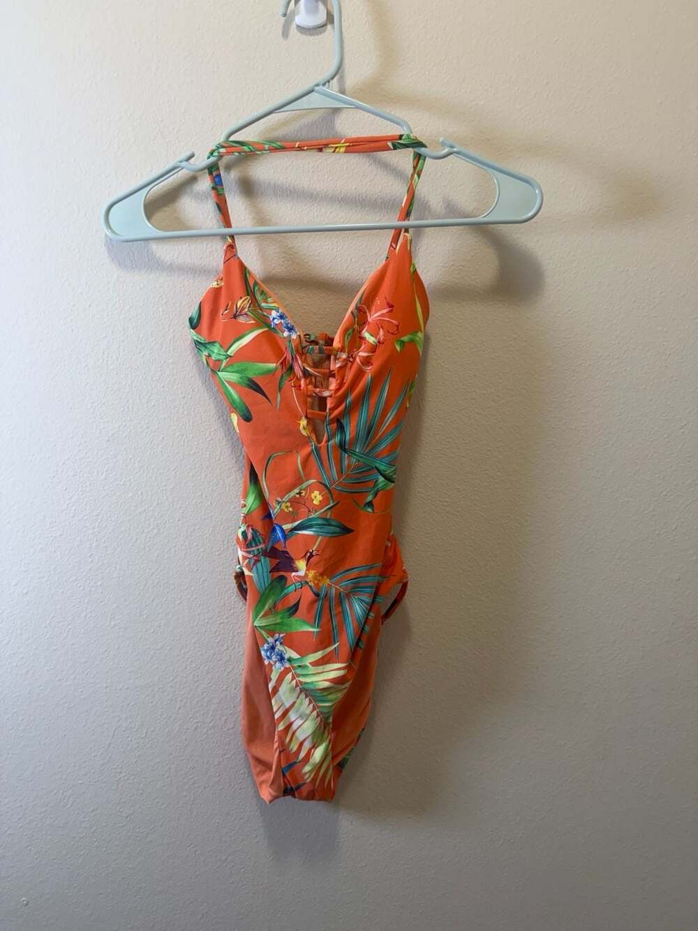 Lucky Brand Orange Floral Lace Up One Piece Swimsuit